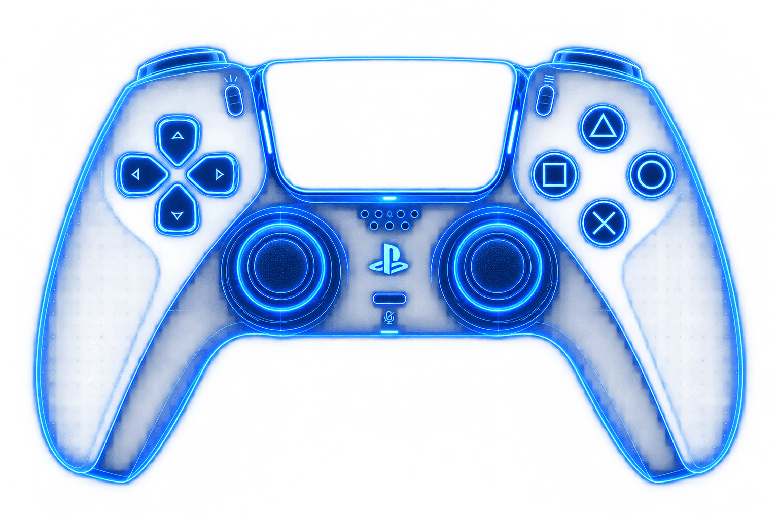 Neon wireframe render of a PlayStation 5 DualSense controller